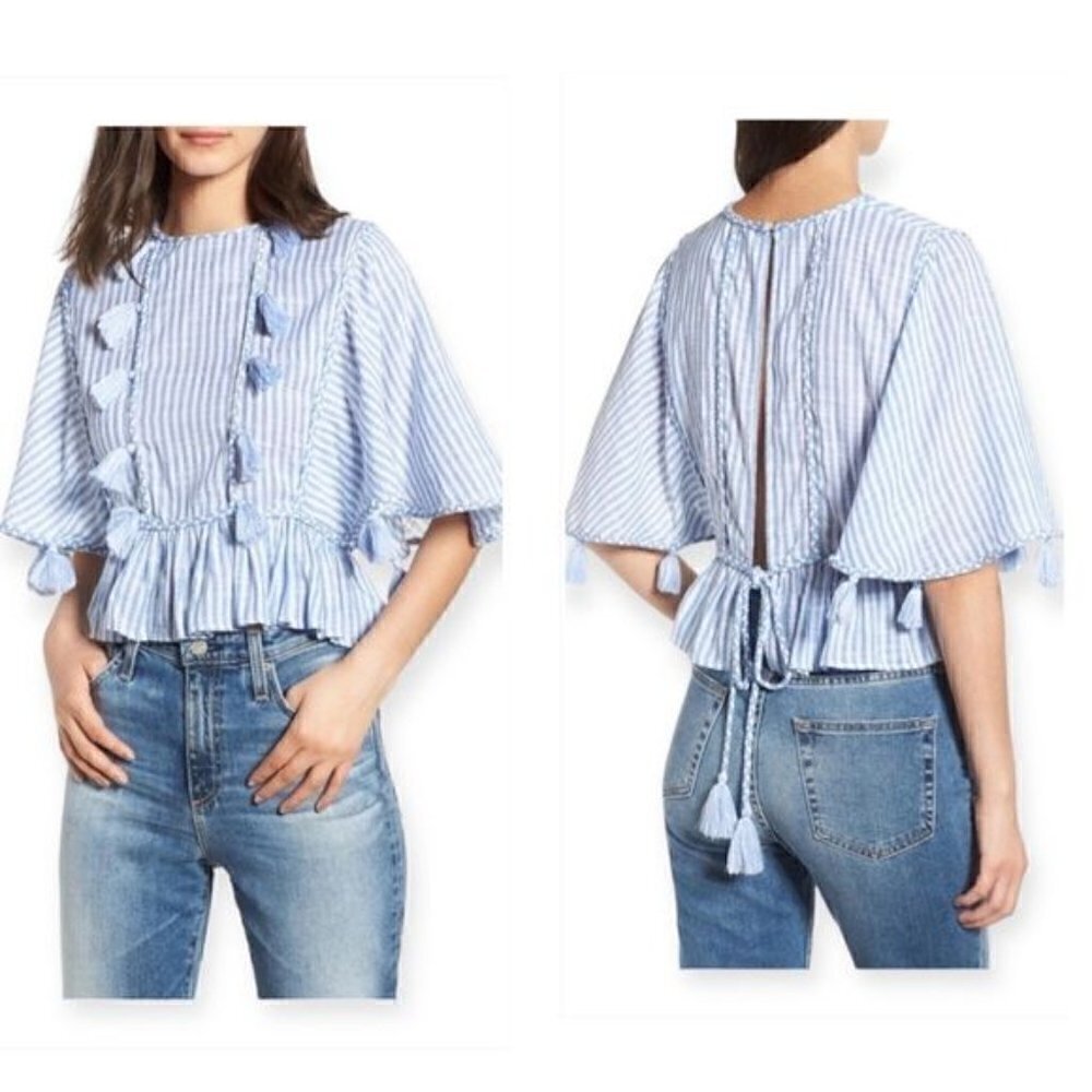 MISA Los Angeles‎  Seta Blue Striped Top with Tassels,  Size S